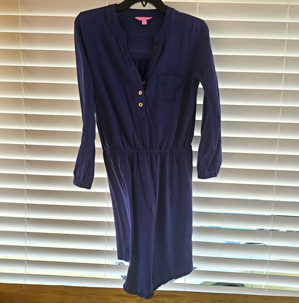 Lilly Pulitzer Blue Solid Jersey Shirt Dress V-Neck Pockets Knee Sz S